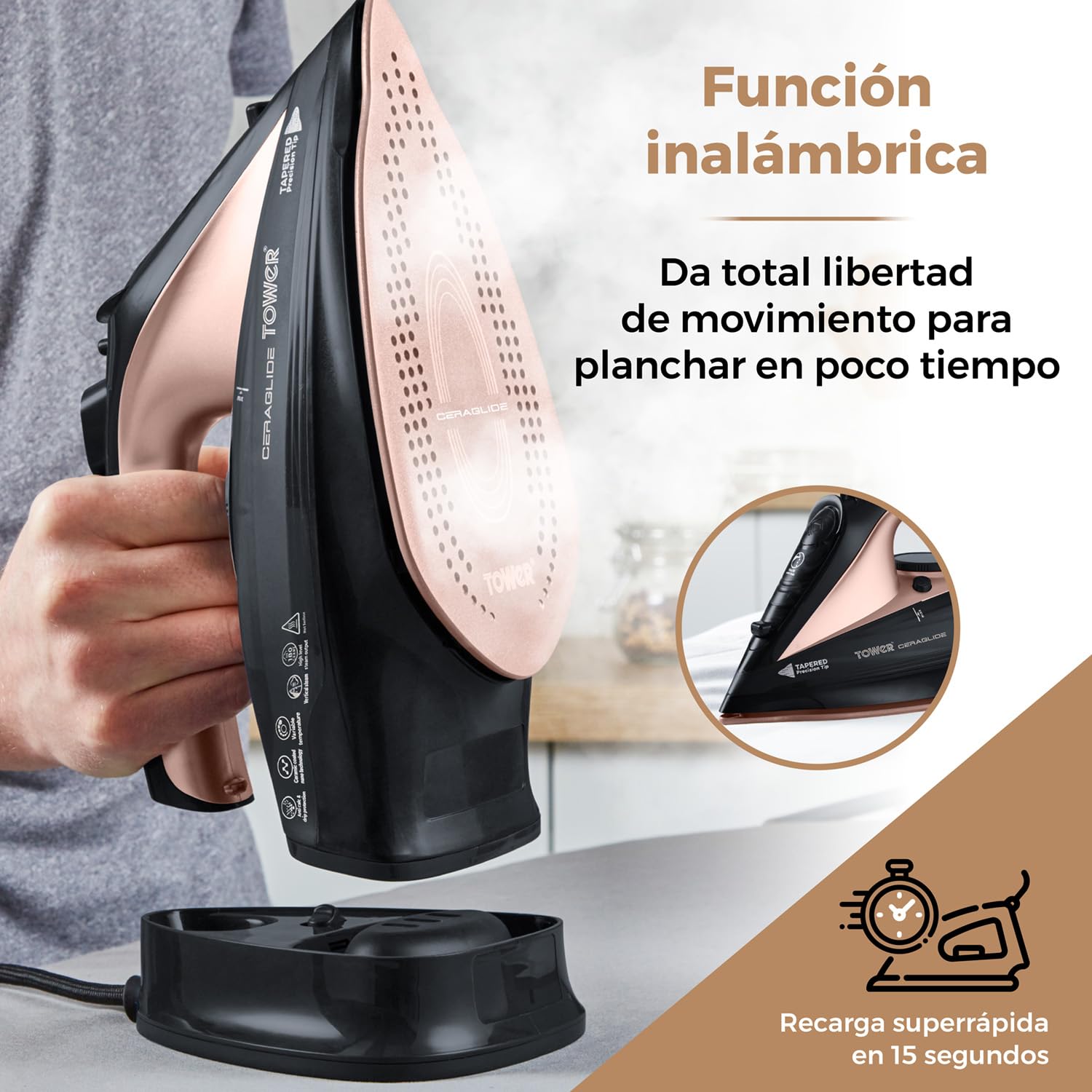 Tower T22008RG Plancha de Ropa Sin Cable – Plancha de Vapor con Suela Cerámica CeraGlide y Función de Vapor Variable, 2400 W – Negro y Oro Rosa