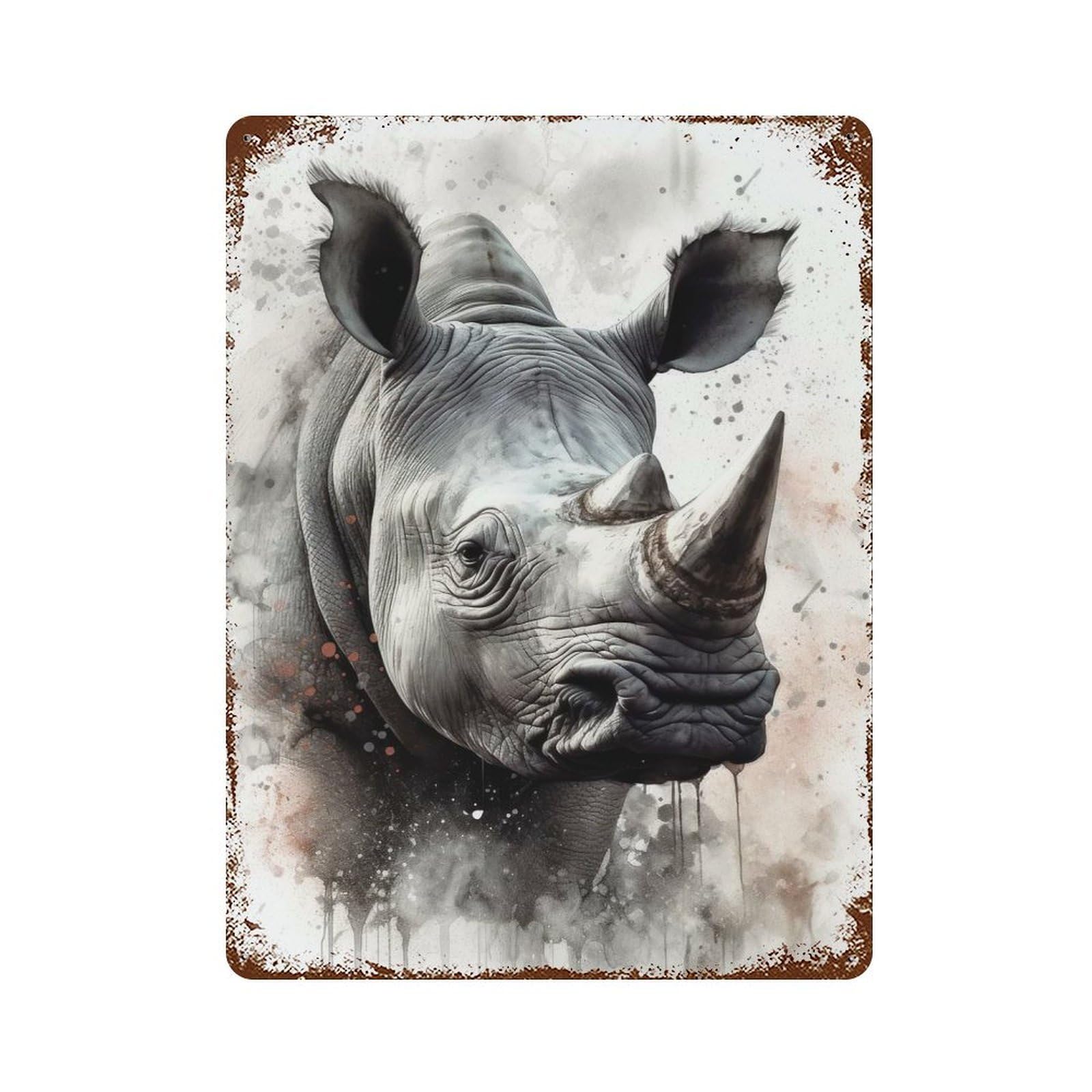 Distressed Metal Wall Sign with Rhinoceros Watercolor Design 15.7"x11.8", for Office, Studio And Wall Decor, Industrial Home Decor