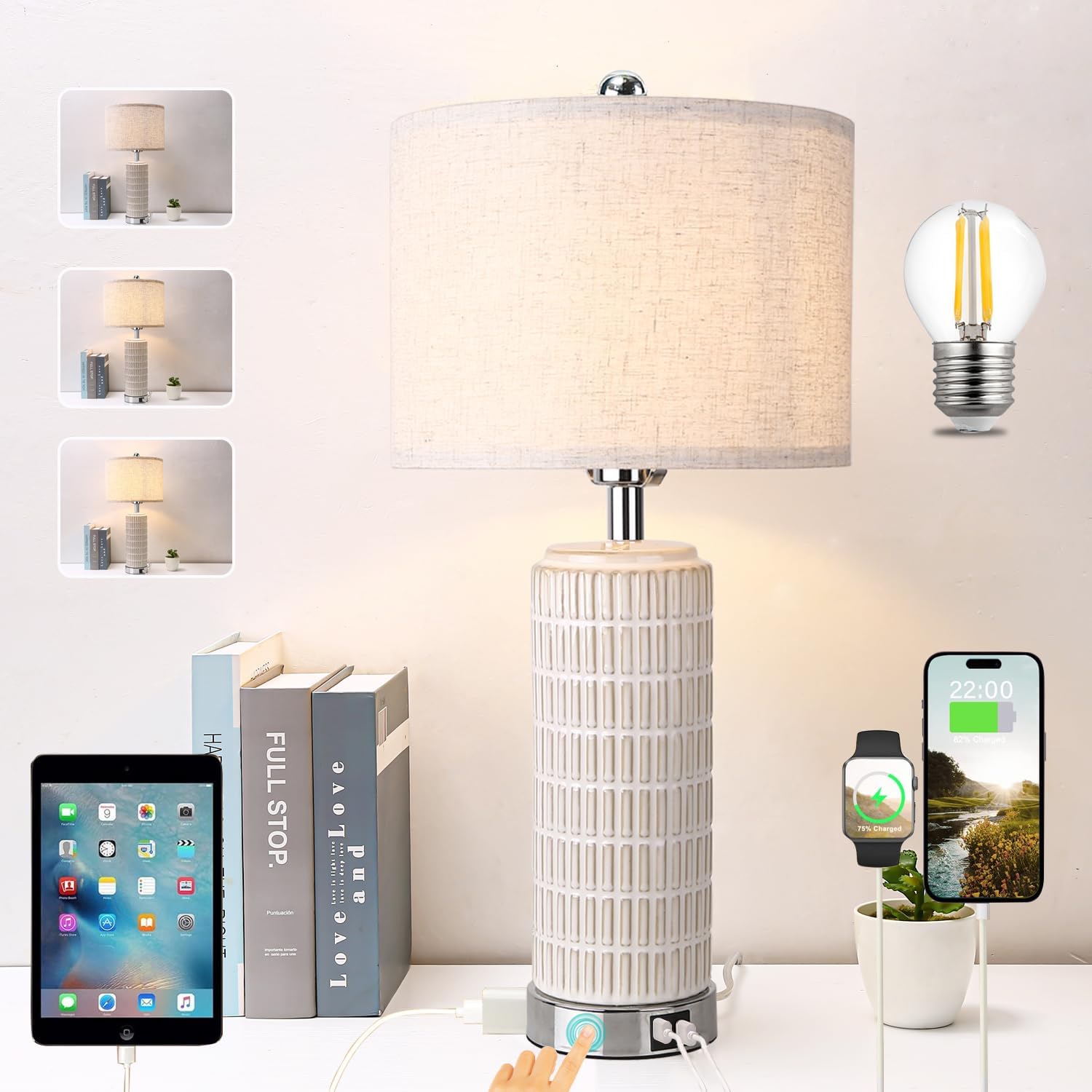 Green Ceramic Table Lamps with Charging USB Port and Outlet,3 Way Dimmable Touch Control Desk Nightstand Lights for farmhouse Bedroom Bedside Living Room entryway, LED Bulb Included, Home Decorative