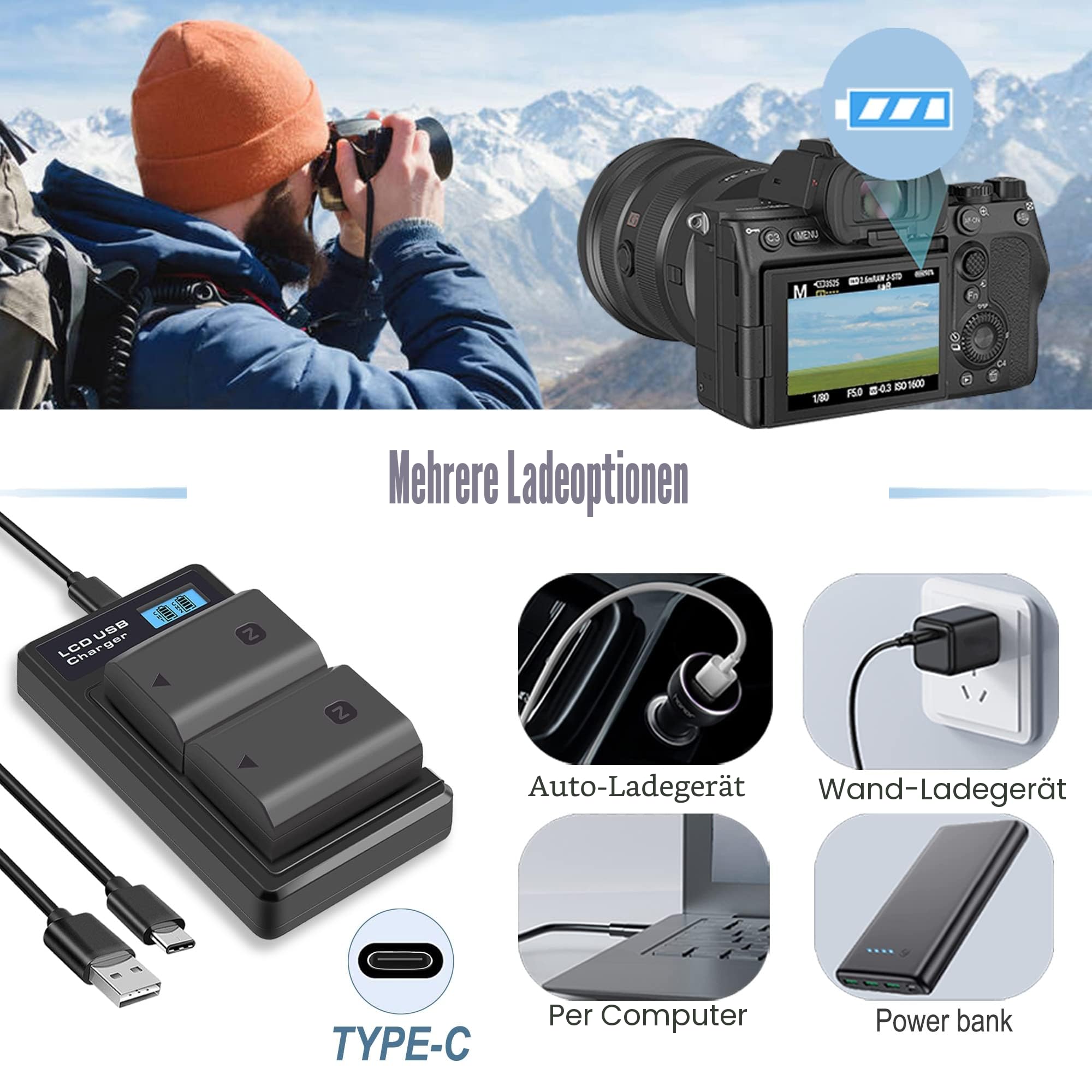 NP-FZ100 Akkus und Smart LED Dual USB Ladegerät für Sony Alpha A7III A7IV A7RIII A7R3 A7R IV A7C A7S,7III 7IV 7RIII 7R3 7R IV 7C 7S α7C, 6700 6600 A6700 A6600 A9 A9R A9S 9 9S 9R Kamera (2 Stück)