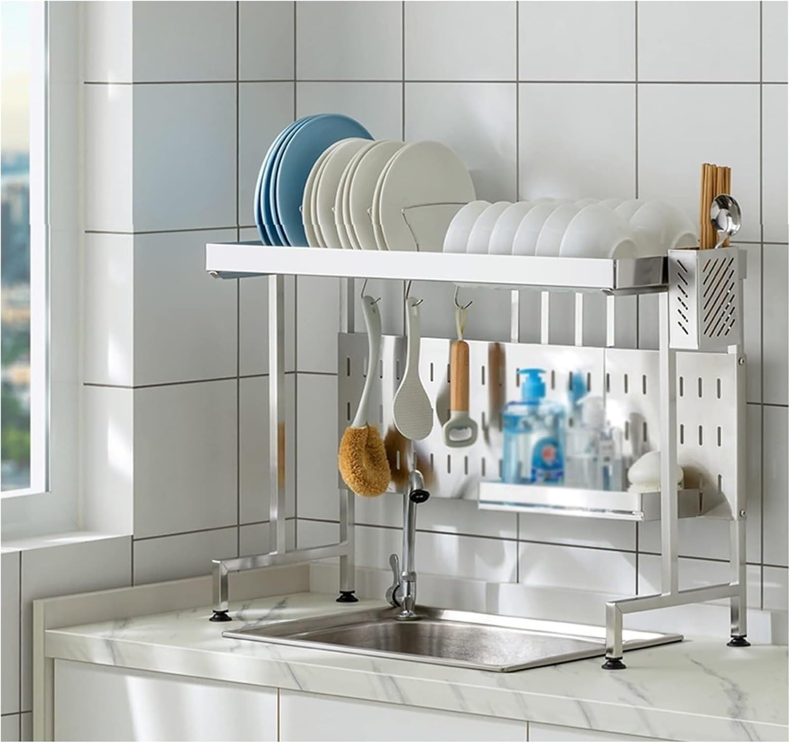 SaryEdge Large Dish Drainers Expandable Cabinet Shelf,Stainless Steel Above Sink Dish Rack Stable Over Sink Organizer Shelf for Single Sink Doubl,