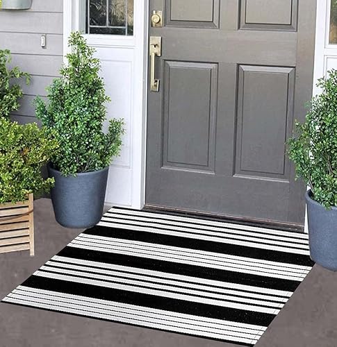 Miniatura 1 de Tapete de 24 x 35 pulgadas, a rayas, color blanco y negro, lavable a máquina, tapete de bienvenida de algodón tejido a mano para porche delantero,