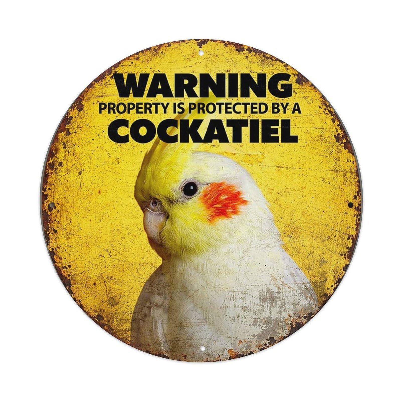 Jdyaojiesheng Vintage Warning Property Protected Cockatiel Sign Round Tin Sign Retro Metal Wall Decor Metal Poster, Home Bar Garage Farmhouse Cafe Wall Art Decoration 8X8inch