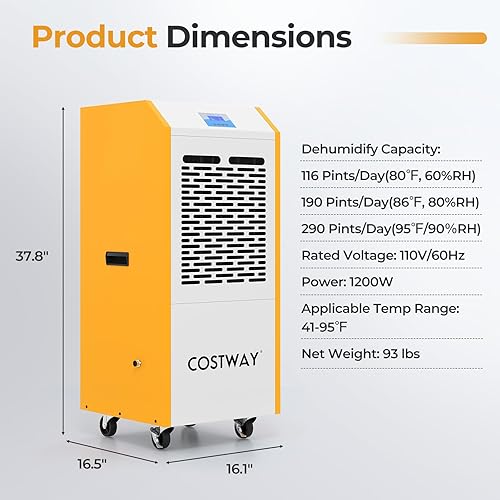 Miniatura 9 de COSTWAY Deshumidificador comercial de 290 pintas con bomba, deshumidificador industrial con manguera de drenaje, temporizador de 24 horas y ruedas