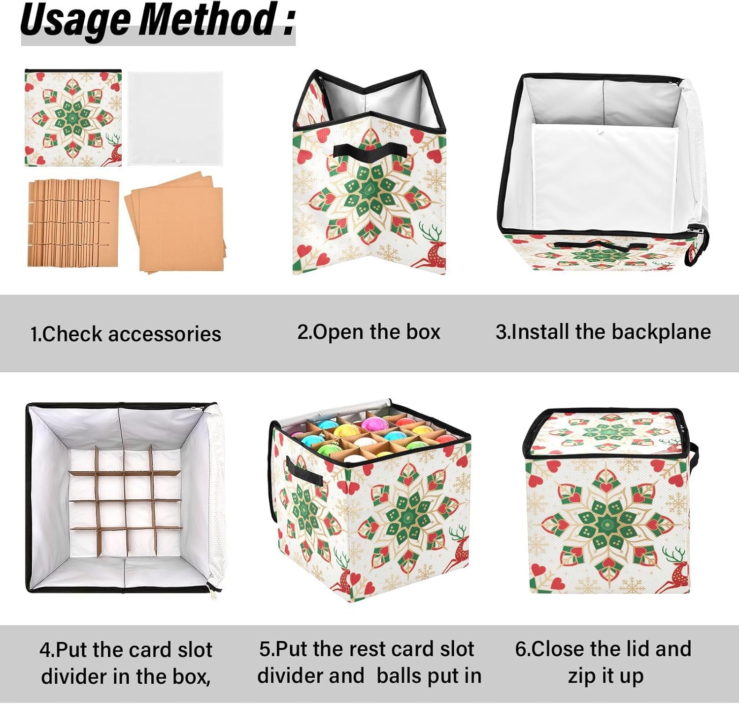 High Capacity Christmas ornament storage Holds Up to 64, Zippered Top sturdy Holiday Storage Case with Lid,Merry Christmas Geometric Snowflake Red and Gold