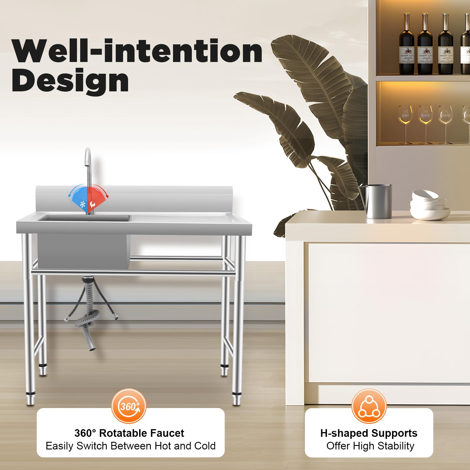 Fregadero de acero inoxidable con mesa de trabajo y grifo mezclador, 1 lavabo profesional, comercial, independiente, 100 x 60 x 93 cm, lavabo multifunción derecho Deluxe para cocina, lavandería garaje