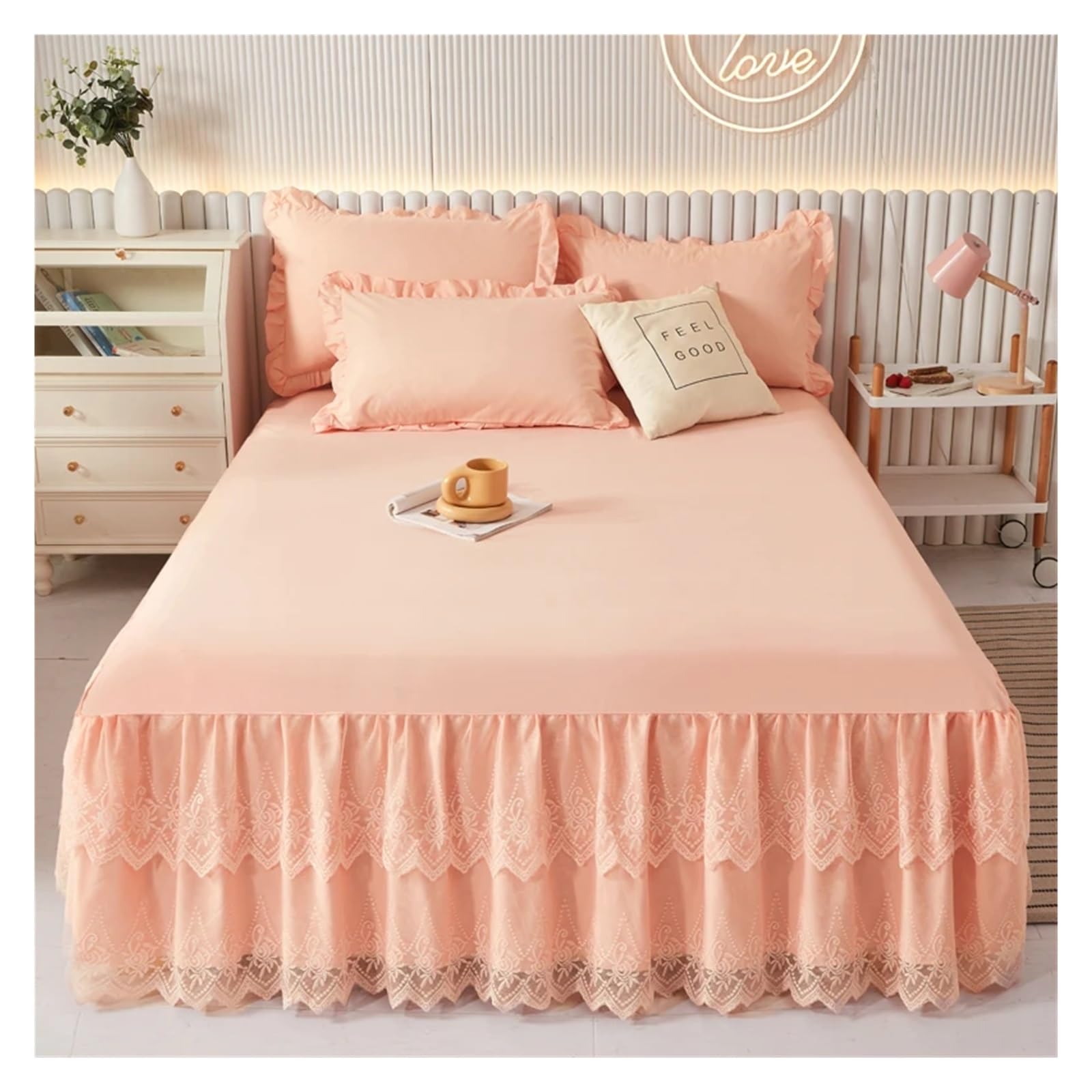 Lace Bed Skirt Solid Color Wrap Around Ruffle Bedskirt - Easy Fit Elastic Strap - Wrinkle, Machine Wash(3,180x200cm 3pcs)