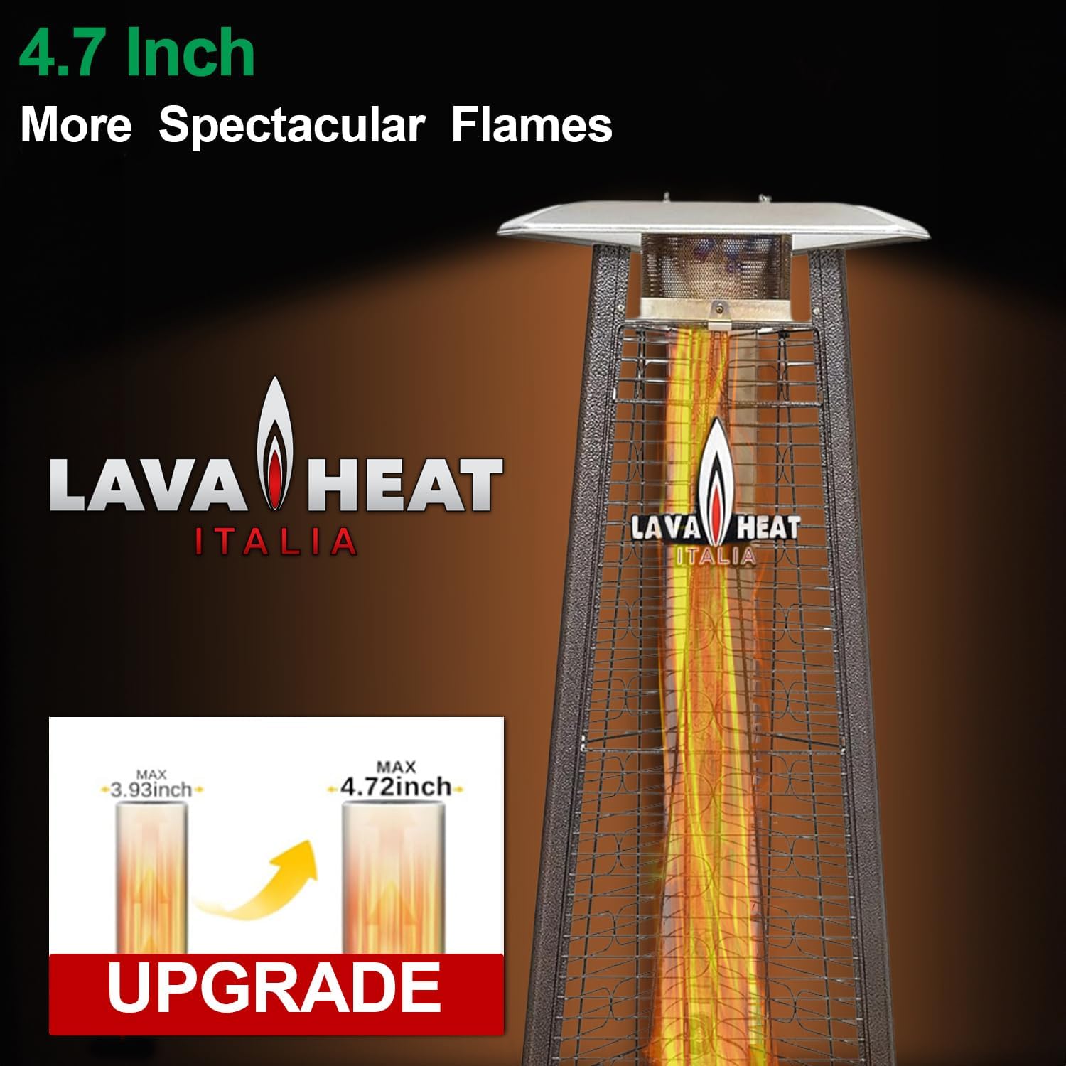 Lava CAPRI A-LINE 42000 BTU Portable Propane Pyramid Patio Heater - 4.75 Inch Glass Tube - 304 Stainless Steel - Triple Protection System - Safety Tilt Switch - 36 Sq. Ft. Heat Range - Heritage Bronze