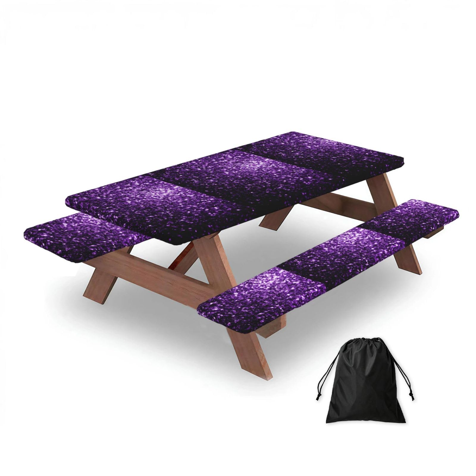 Beautiful Purple Glitter, Picnic Table Cover With Bench Covers -Waterproof Elastic Fitted Tablecloth for Garden Camping Patio 76x152cm