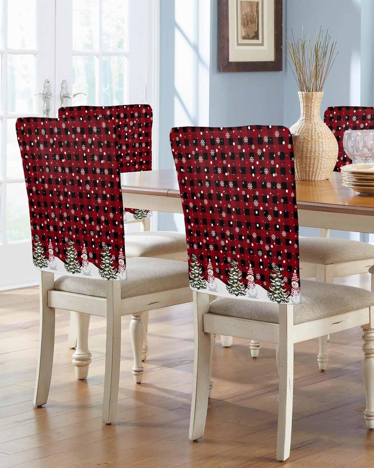Red Plaid Christmas Chair Covers Set of 4 for Dining Room, Snowflake Snowman Chair Back Cover, Xmas Tree Rustic Checkered Removable Kitchen Chairs Slipcovers Seat Protector for Party Christmas Decor