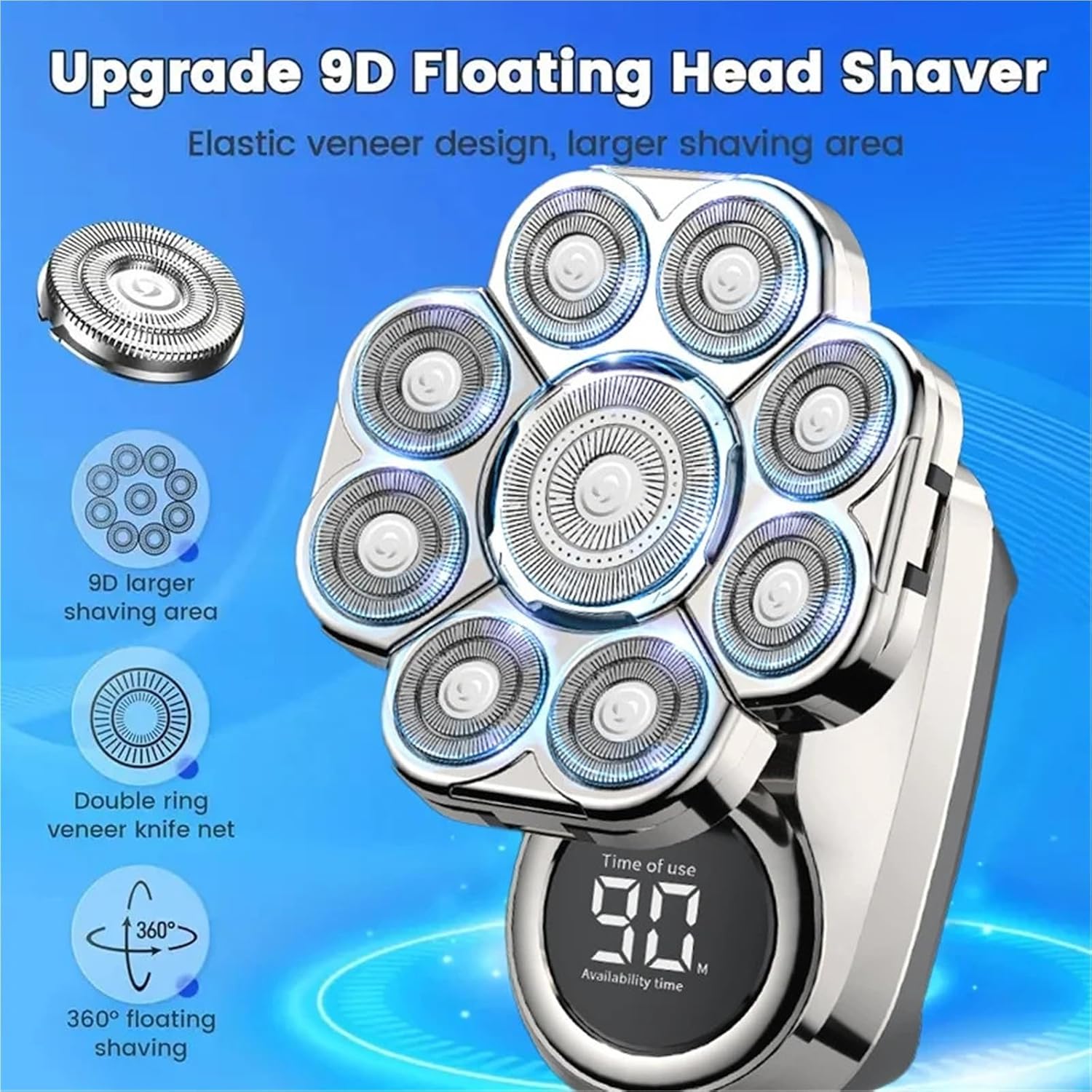 9D Floating Electric Shavers For Men Bald Head IPX7 Waterproof Electric Razor Wet/Dry Shaving With Grooming Kit With LED Display(A set of silver)