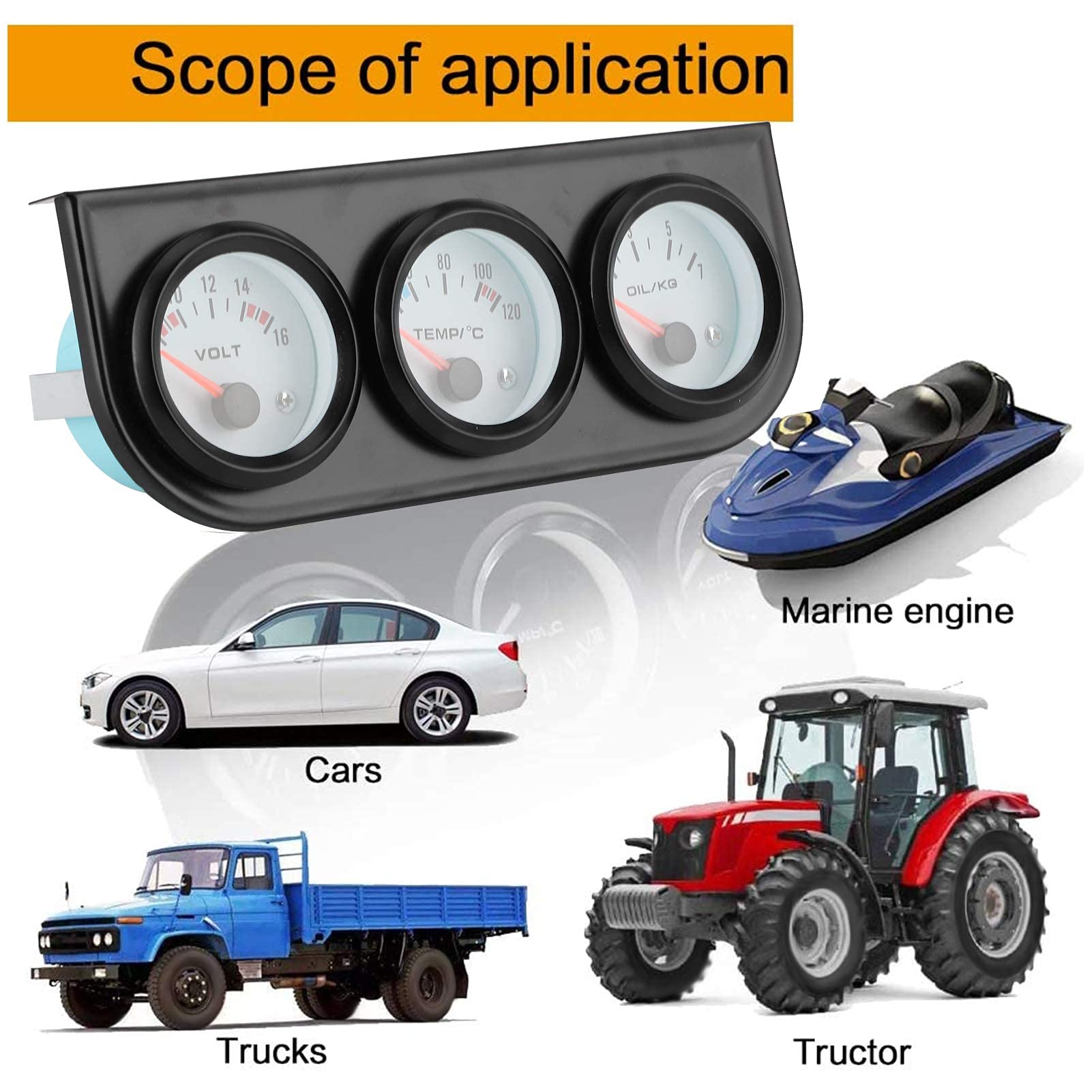 Kit de Jauge Triple, 3 en 1 pour Voiture, Triple Affichage électronique, Température de L'eau + Volt + Manomètre D'huile, Instrument 52 Mm