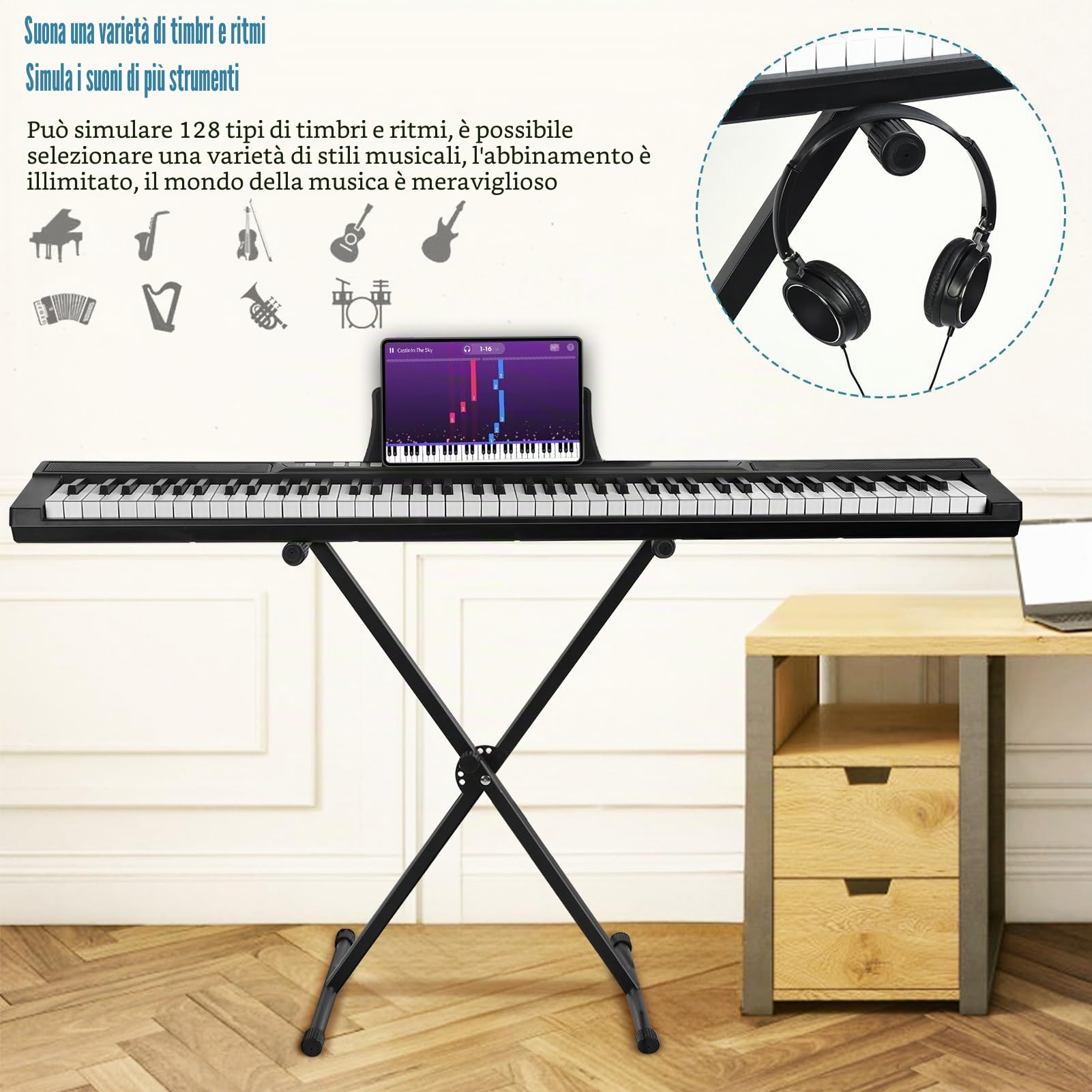 Pianoforte digitale a 88 tasti, tastiera elettrica con tasti semi-pesati, pedale sustain, alimentatore, supporto, custodia, cuffie, per principianti con supporto, nero