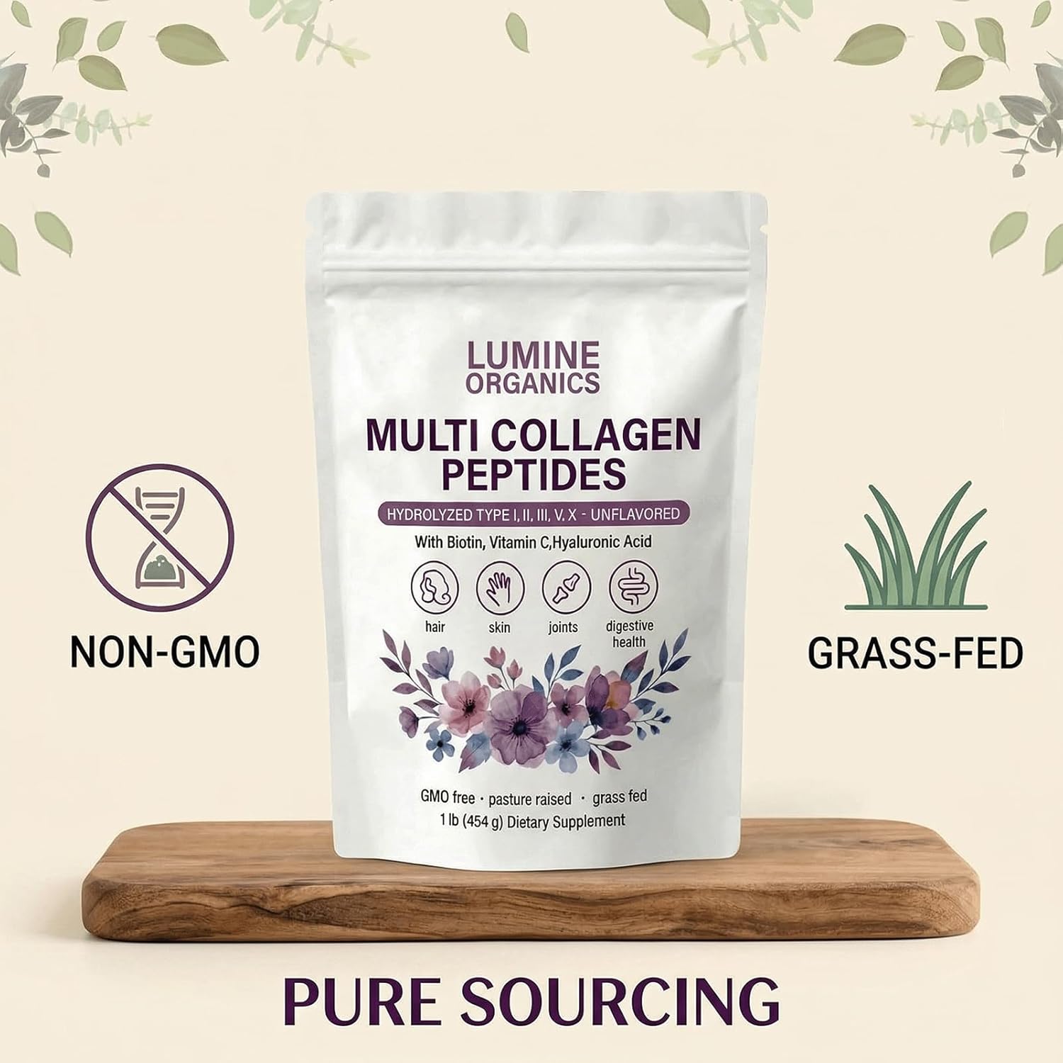 1PCSLumine Organics Collagen, Collagen Peptide,Multi Collagen Peptides Powder,Hydrolyzed Type I,II,III,V,X with Biotin, Hyaluronic Acid, Vitamin C,Non-GMO, Gluten-Free(1pcs)