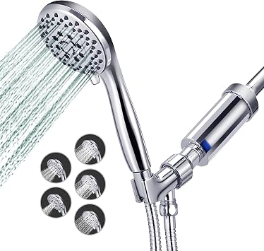 Handheld Shower Head with Filter and Hose High Pressure 5-Setting Spray Purifer Hard Water Cleaning Softener No Leak