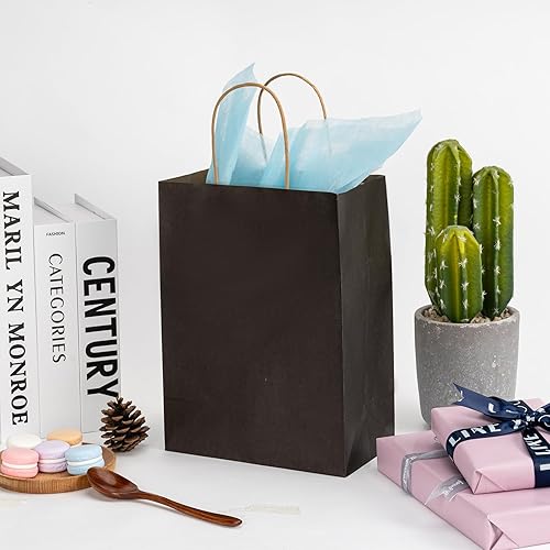 Miniatura 4 de RACETOP Paquete de 100 bolsas de papel kraft negro de 8 x 4.5 x 10.8 pulgadas, bolsas de regalo con asas, a granel, bolsas de papel para compras,