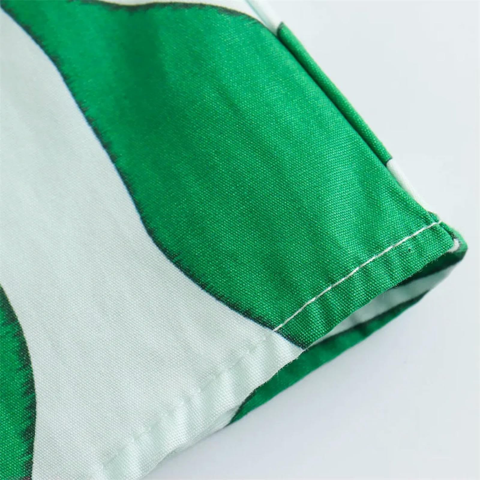 Primavera/Verano Nuevas Mujeres con Cuello en V Manga Corta Botón Decoración con Cinturón, Vestido Largo, Vestido Estampado-Verde-M