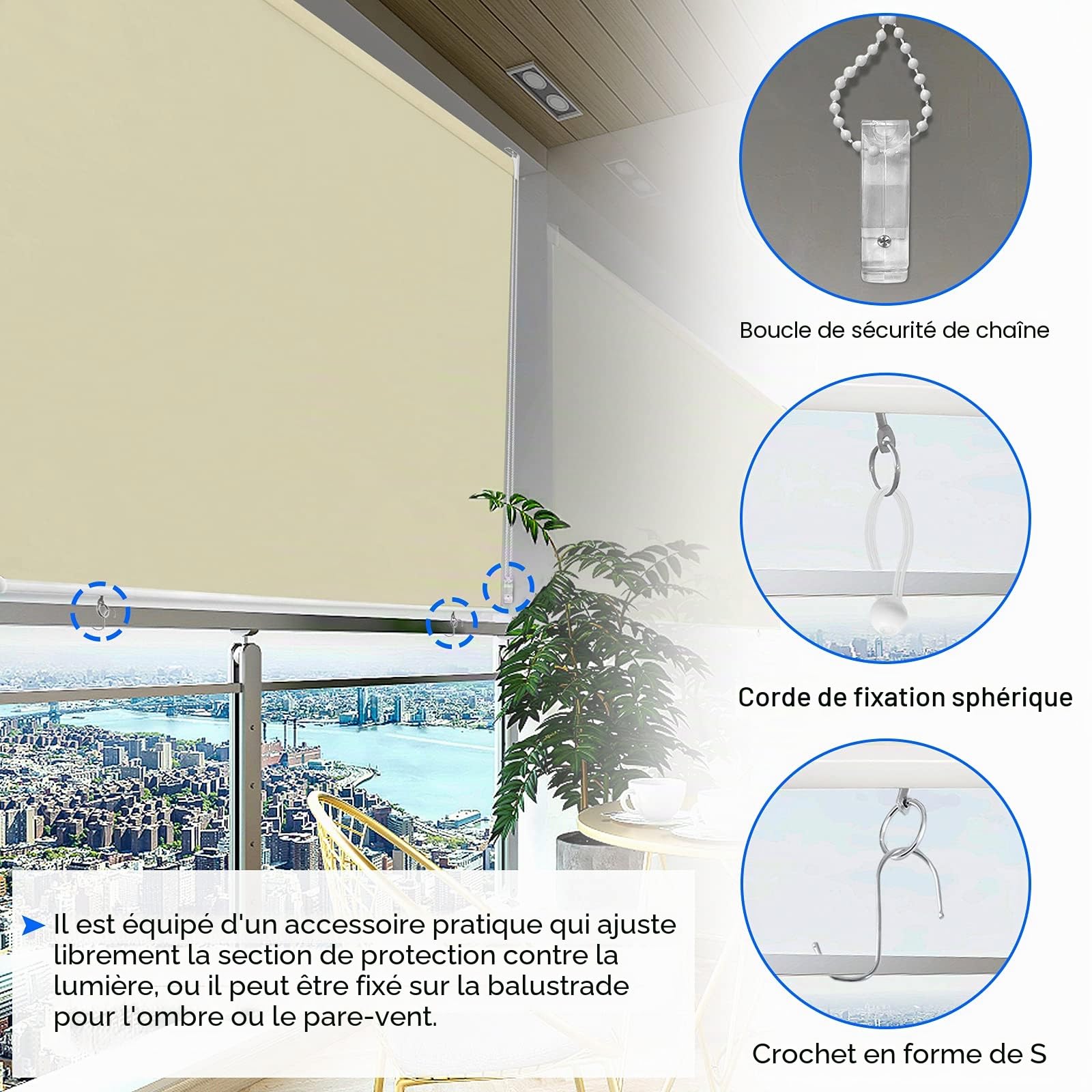 UISEBRT Store extérieur vertical, pare-soleil, protection UV, convient au balcon, 140 x 240 cm, beige