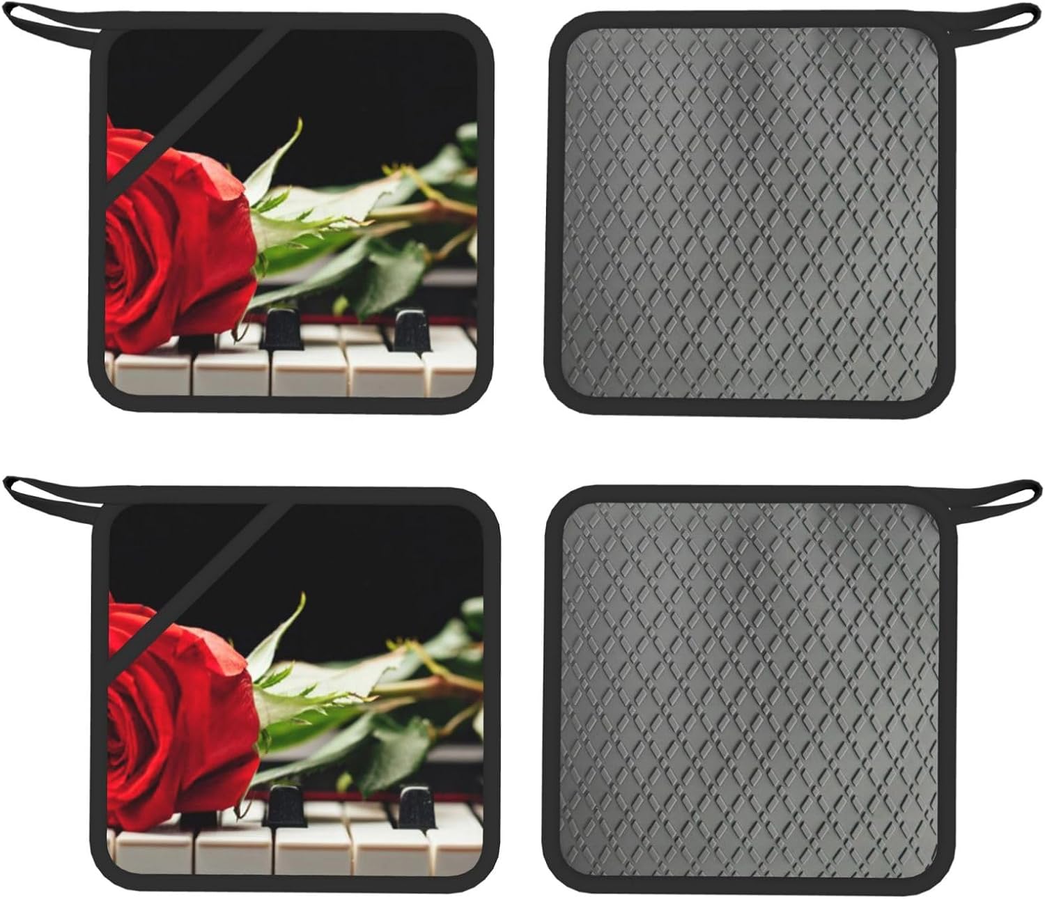 Red Rose on Piano Oven Mitts and Pot Holders Set of 4 Heat Resistant Kitchen Gloves with Silicone Palm Hot Pads for Baking Cooking Grilling BBQ