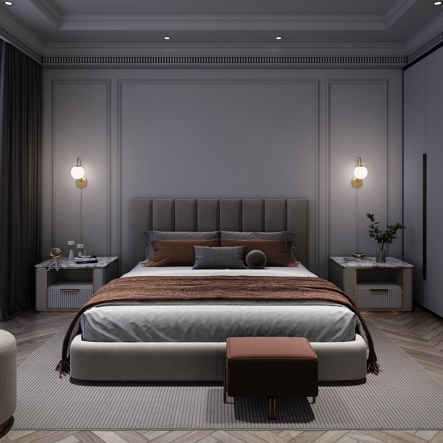 Plug in Wall Sconces Decor Set of Two, Modern Gold Globe Wall Lamp, Stepless Dimmable Gooseneck Wall Light for Living Room Bedroom Hallway, Milky White Glass Shade, 2-Pack E12 Bulb, Optional Hardwired