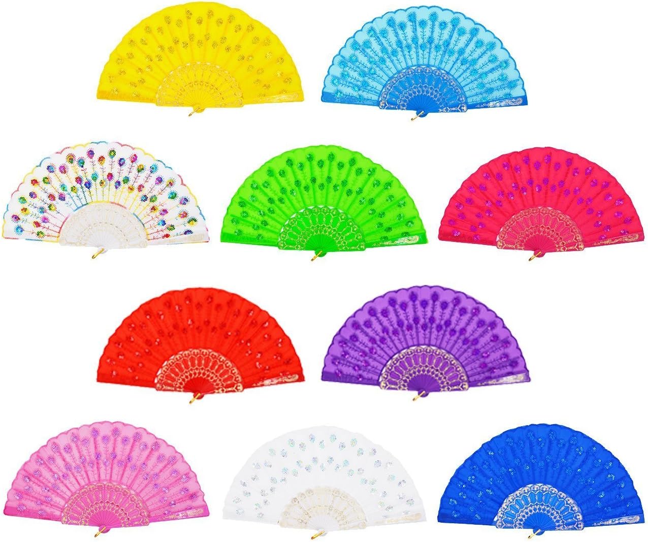 Chinese/Japenese Style Sequins Peafowl Folding Fans,9"(23cm) Gilding Plastic Ribs Frame Hand Fan Dance Fans Plastic Sequins Fan Gift Decorative Fan Wedding Fan 10PCS (Multicolor)