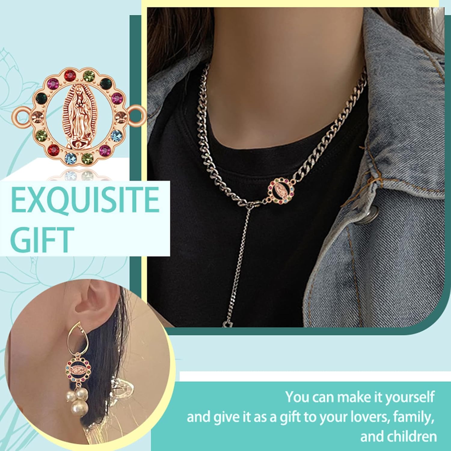 36Pcs Alloy Enamel Virgin Mary Charm Rhinestones Our Lady Link Miraculous Medal Charms Bracelet Connection Crucifix Pendant for DIY Necklace Earrings Jewelry Making - Image 4