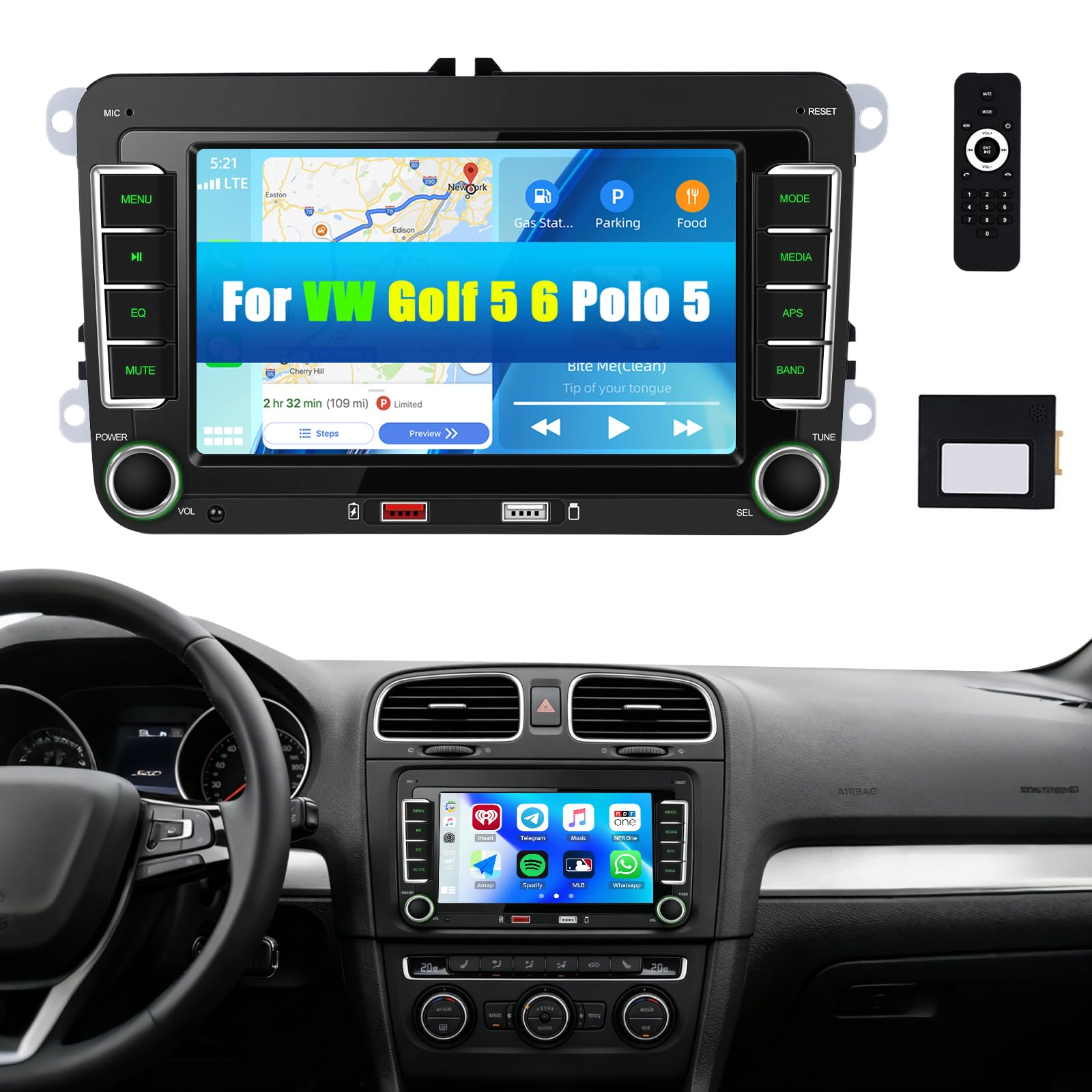 CAMECHO Odtwarzacz samochodowy z CarPlay dla VW Golf 5 i 6 oraz Polo z Android Auto ekranem dotykowym IPS 7 cali 2 Din radio FM AM RDS Bluetooth MirrorLink dwa porty USB SWC i Canbus