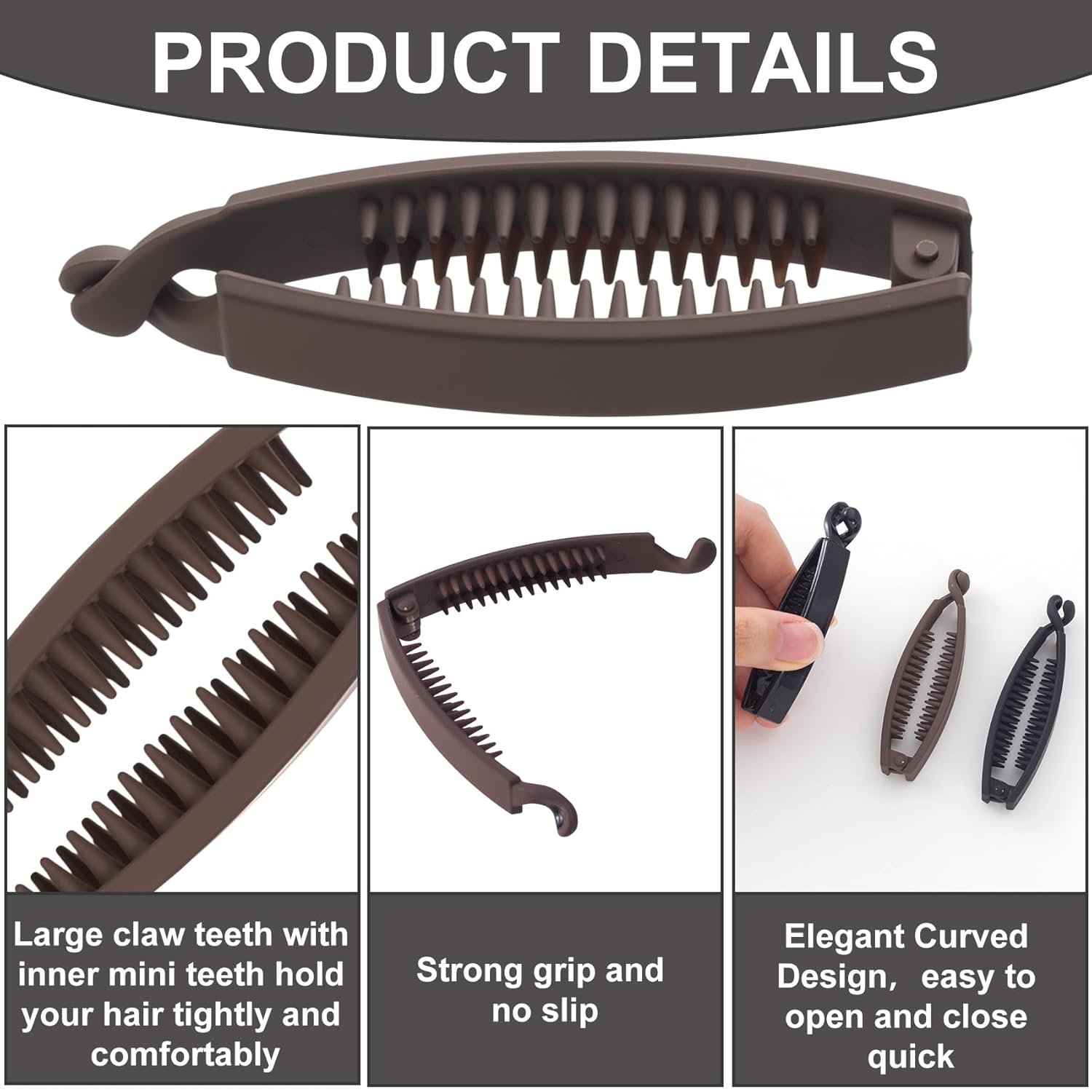 3pcs Banana Hair Clips, Non-Slip Large Hair Claws for Women, Classic Double Combs Hairpin Accessories for Thin Curly Straight Long Short Hairstyles- Black & Coffee & Matte Black - Image 3