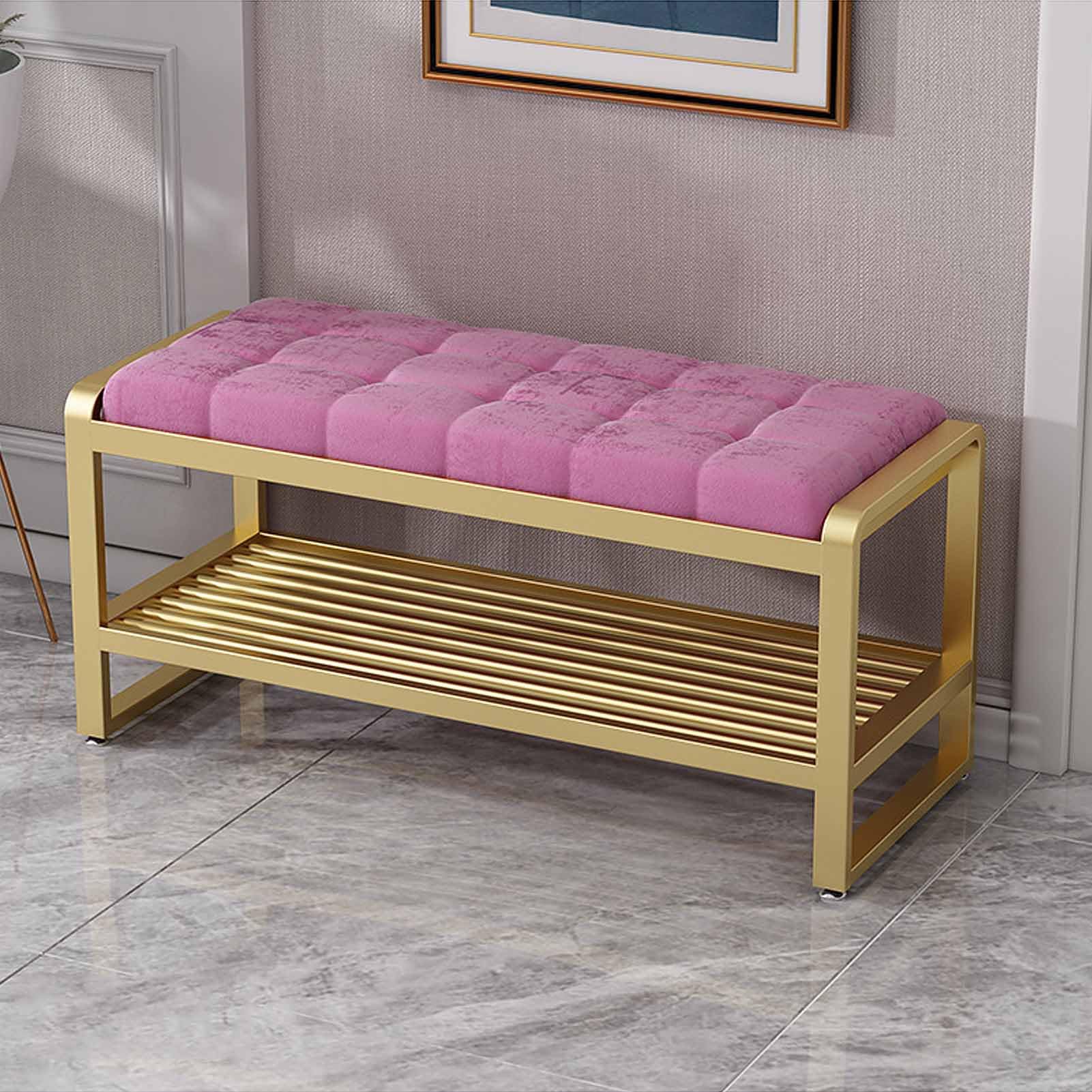WJFTODAY 2 Tier Shoe Rack with Gold Metal Frame & Velvet Seat Stylish Storage Solution for Entryway Living Room & Home nization Space Saving Design for Tidy Shoes