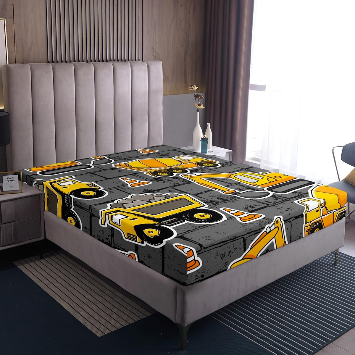 Erosebridal Boys Excavator Bedding Set Twin Size, Tractor Truck Fitted Sheet for Kids Child Girls Teens Bedroom, Construction Vehicle Crane Bed Set Blender Gray Wall Cartoon Bed Cover, Grey Yellow