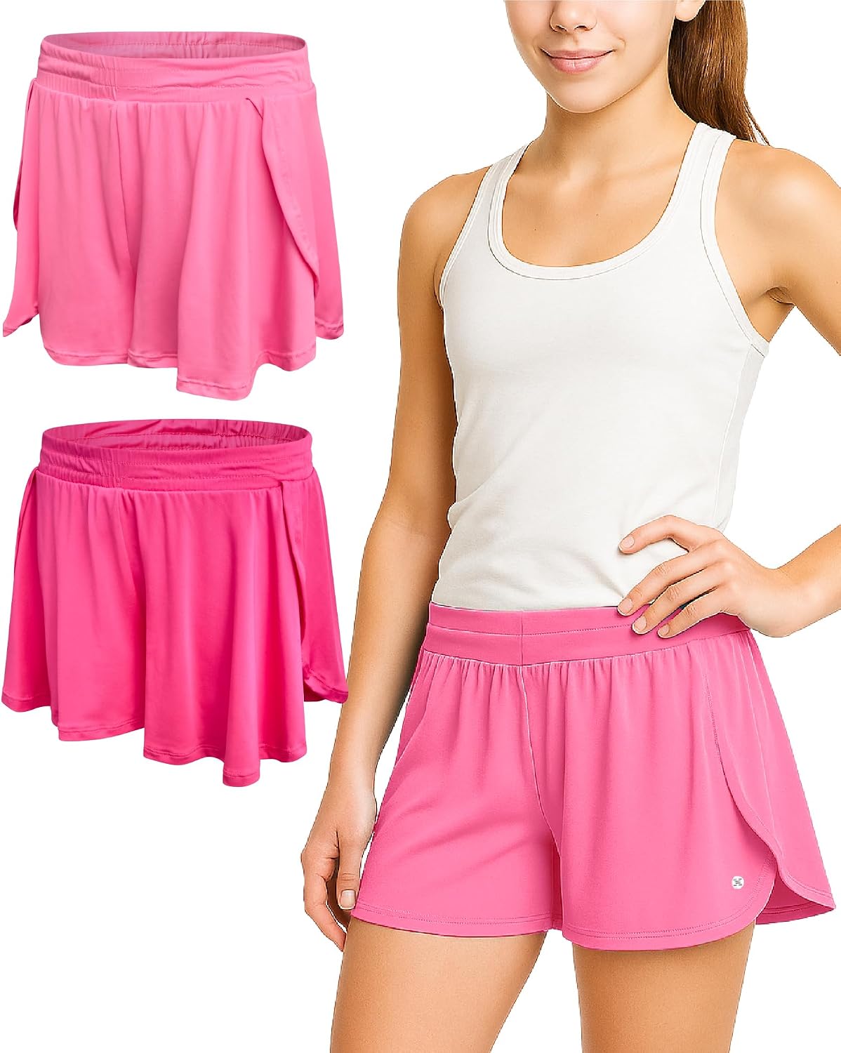 RBX Girls 2 Pack Butterfly Flowy Shorts, Built in Compression Liner | Side-Slit Flutter Styling, Soft Stretch Waistband, Airy Feel, Great for Dance, Soccer, or Cheer, Everyday Comfort