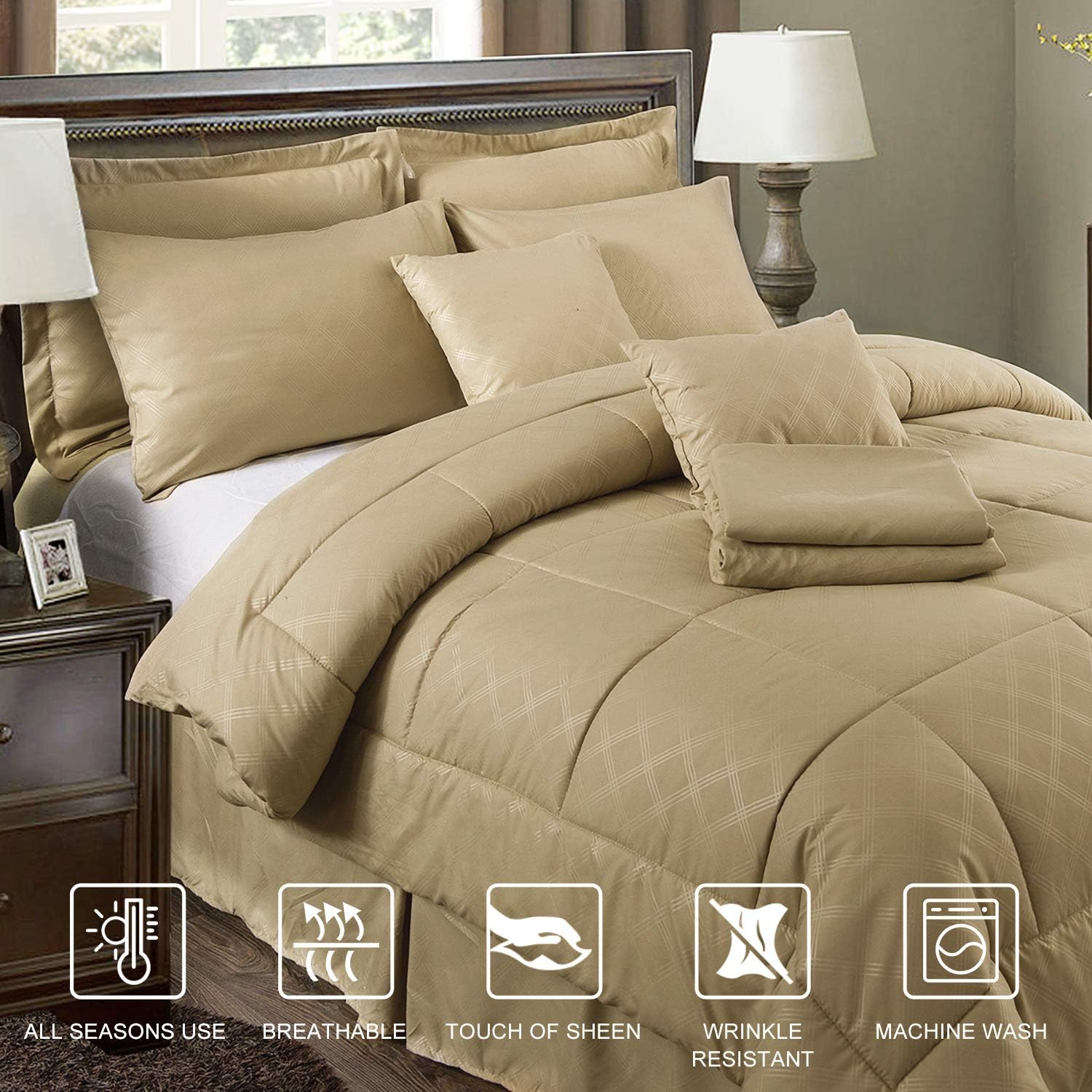 JML Cal King Comforter Set, 10 Piece Microfiber Bedding Comforter Sets with Shams - 430 GSM Heavyweight, Luxury Solid Color Quilted Embroidered Pattern, Perfect for Bed Room or Guest Room. Taupe