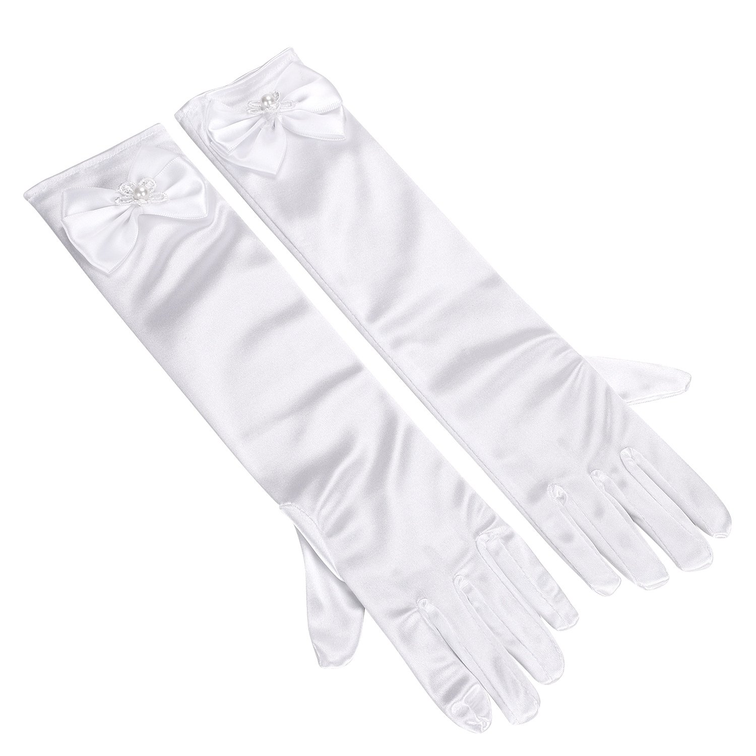 LONTG Flower Girls Gloves - Long Satin Princess Dress Gloves with Bowknot for Wedding & Communion