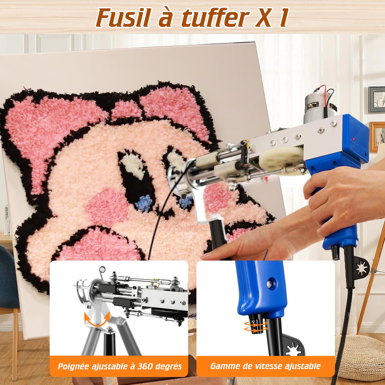 BESGEER 2024 Kit Complet Pistolet à Tufting, Kit de Démarrage avec Cadre et Trimmer de Tapis, Pistolet 2-en-1 Velours Coupé/Bouclé, Machine à Tisser Tapis, Trimmer Tufting, Pistolet Touffetage (bleu)