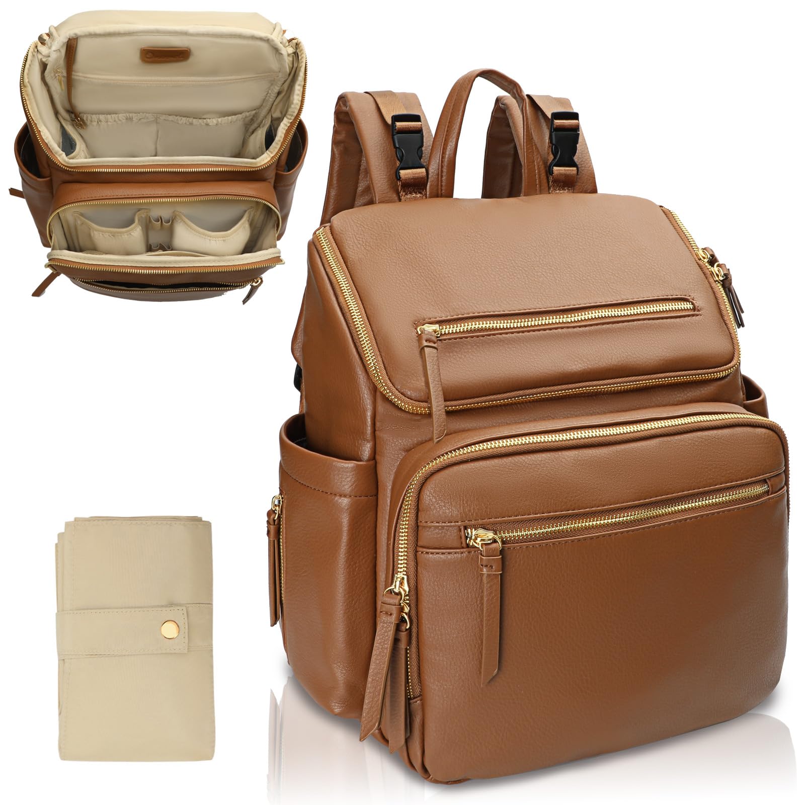 MISS FONG Baby Changing Backpack, Changing Bag, Leather Changing Backpack, Large Baby Bags, Backpack Casual with Multifunction, 19 Changing Bag Organiser, Changing Mat, Changing Bag, Pram Hook, Brown