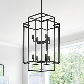 8-Light Tiered Lantern Pendant Light, Black Farmhouse Chandelier, Large Chandeliers for High Ceilings, Modern Foyer Lighting Fixtures, for Dining Room, Living Room, Entryway Staircase