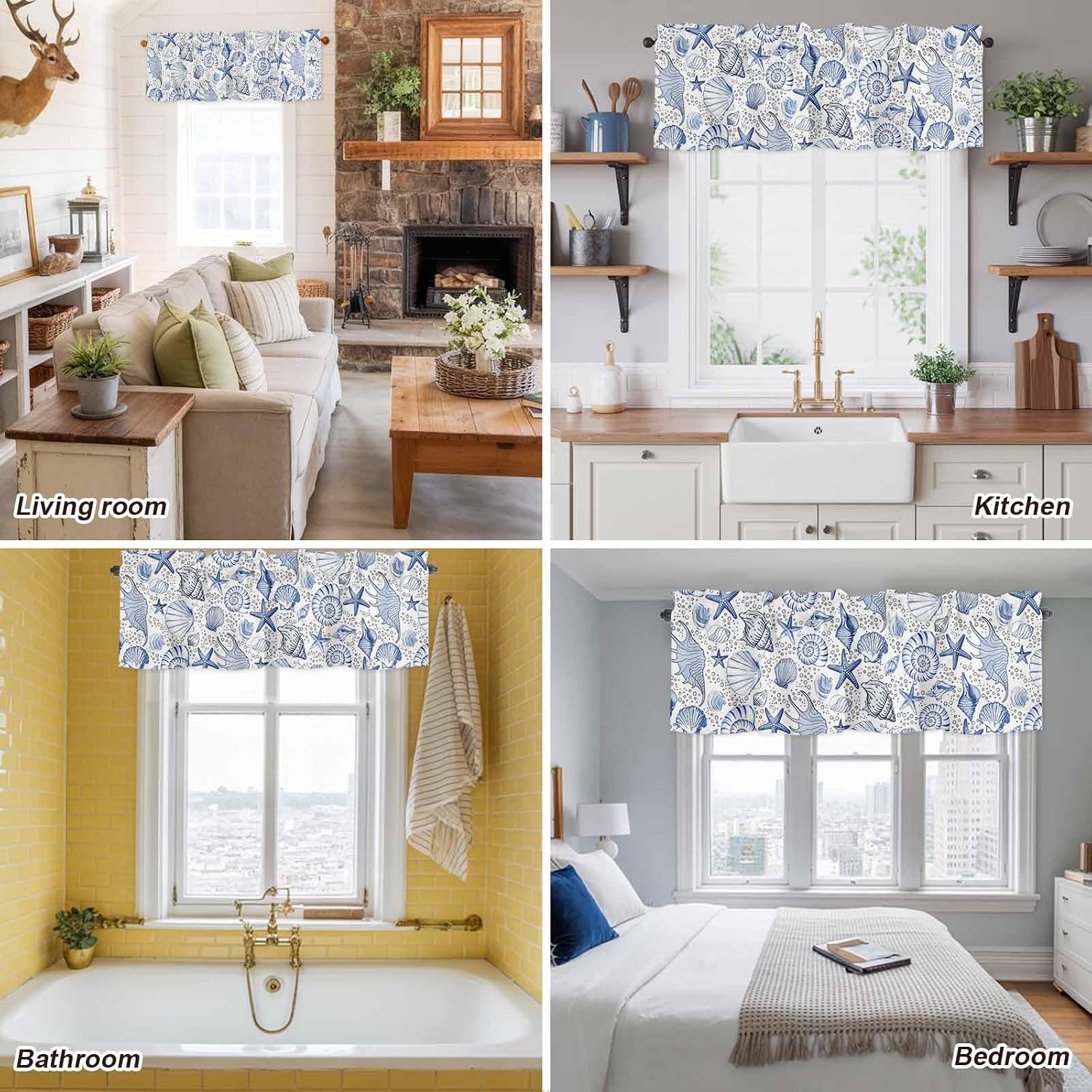 Valance Curtains for Kitchen Windows Navy Blue Starfish Conch Shell Seamless Rod Pocket Valance Summer Ocean Bubbles Short Window Curtain Topper for Bedroom Living Room Bathroom 54x18in,1 Panel