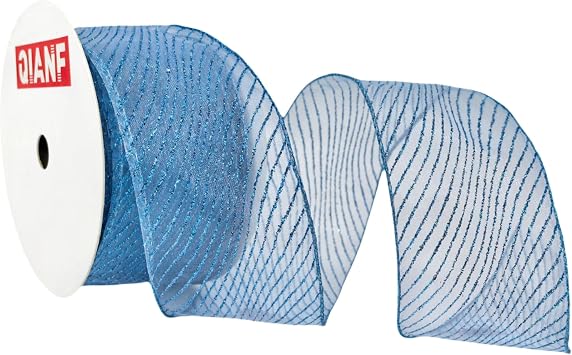 QIANF Blue Organza Sheer Ribbon With Glitter Stripes and Metallic Edge, 2.5 Inch x 10 Yards, Wired for Christmas Tree Decoration, Gift Wrapping, Wreaths and Bows Making
