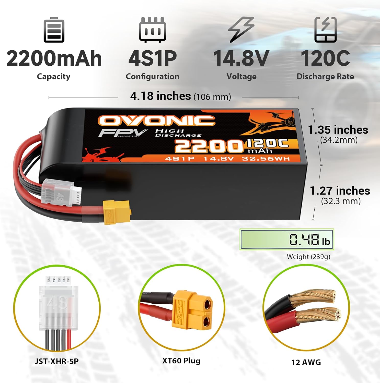 OVONIC 4s Lipo Battery 120C 2200mAh 14.8V Lipo Battery with XT60 Connector forRC FPV Racing Drone Quadcopter(with Lipo Voltage Checker)