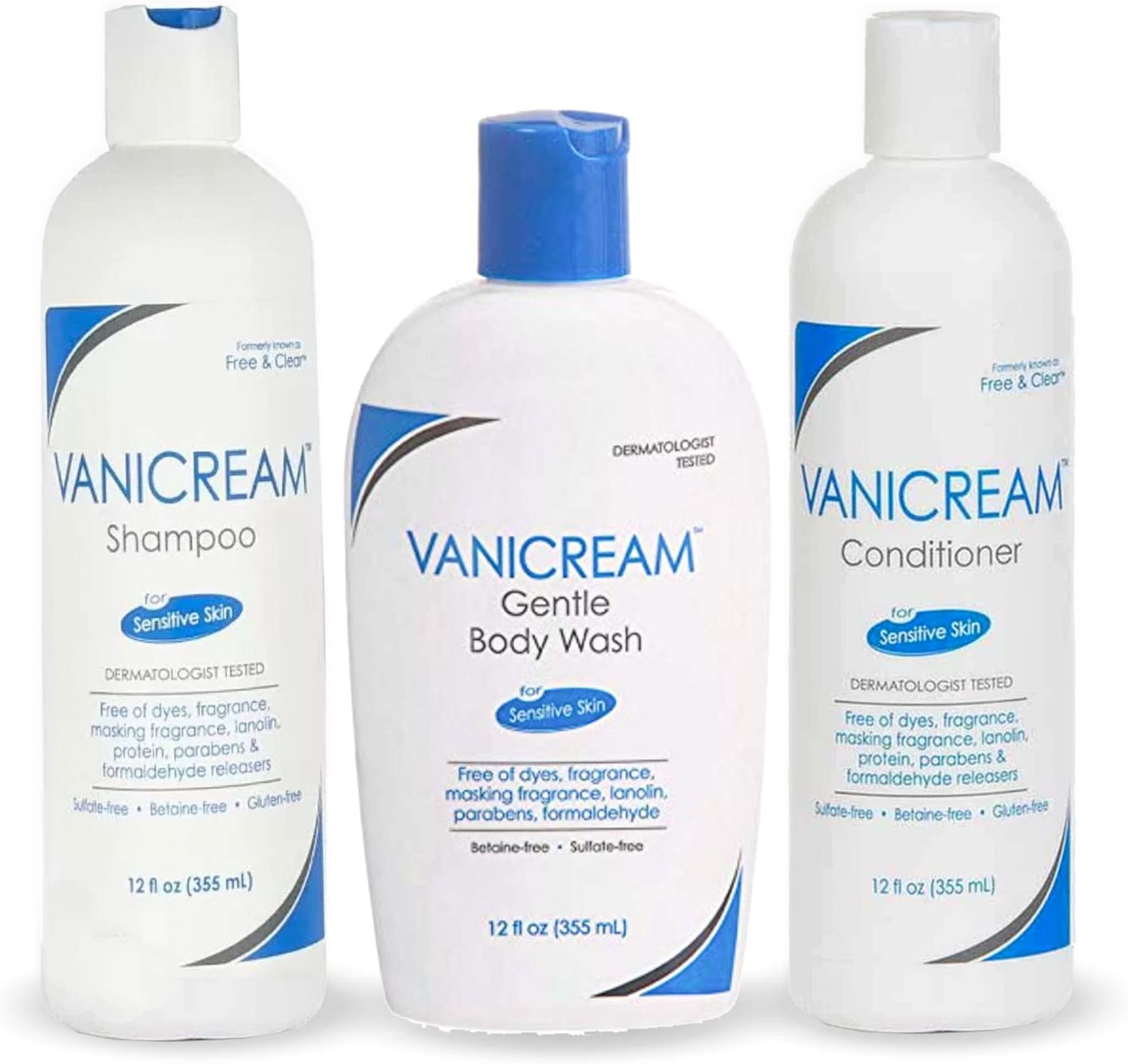 Vanicream, Free and Clear Shampoo, Conditioner and Body Wash Set, For Sensitive Skin, Fragrance and Paraben Free - 12 Ounce