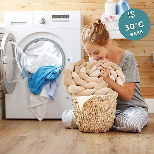 Miniatura 5 de Cojín trenzado hecho a mano de 3 hebras, suave y anudado, cómodo cojín decorativo de riel largo para dormitorio (rosa blanco y azul, 78.7 pulgadas)