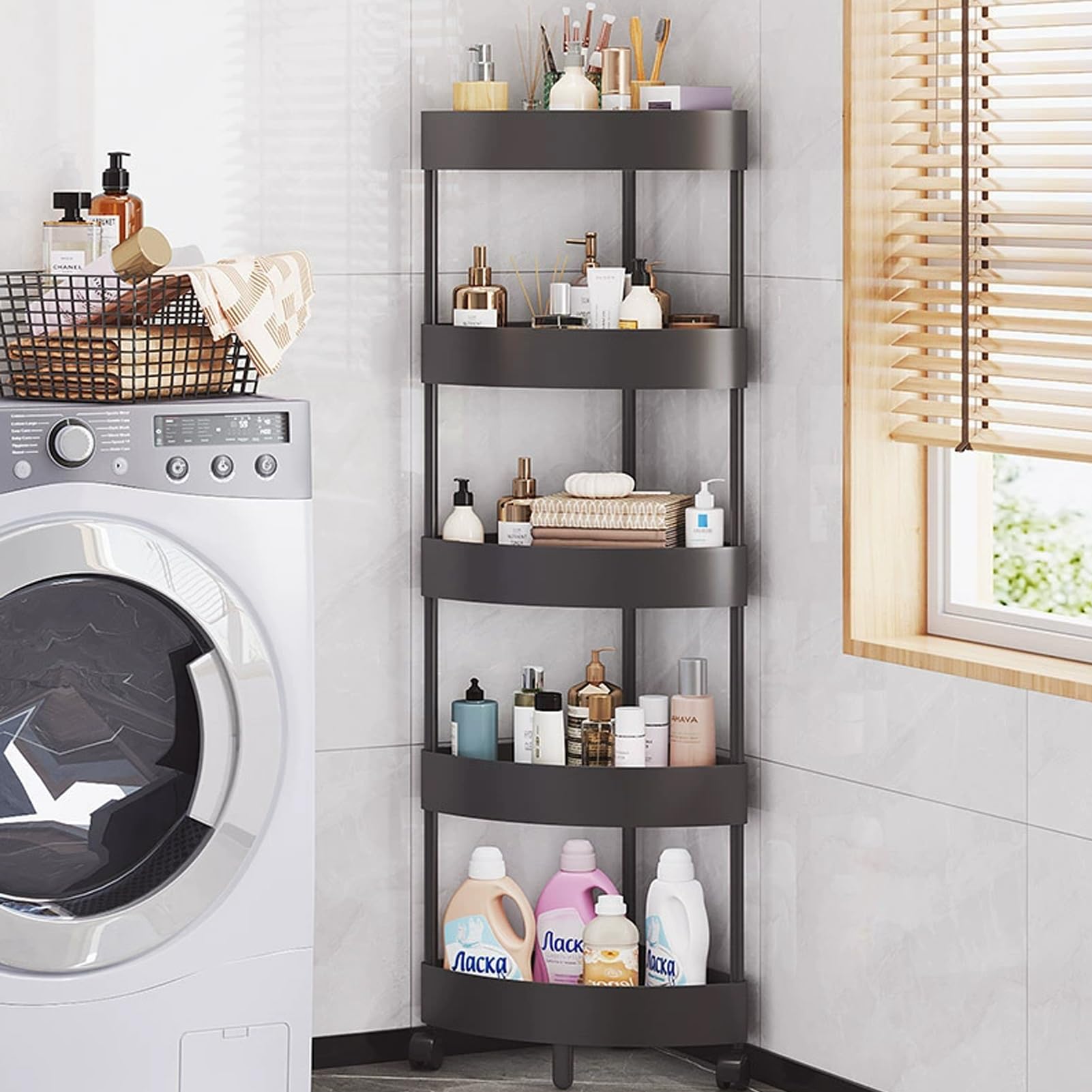 Beauenty Corner Shower Caddy Standing, 5 Tier Shower Organizer, Plastic Metal Splicing Shower Corner Shelf Rack Storage Stands, Mobile Shelving Unit for Bathroom, Kitchen and Narrow Spaces (Black)