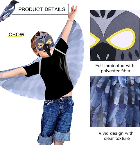 Miniatura 6 de D.Q.Z Disfraz de alas de pájaro para niños con máscara, ropa de vestir para niños y niñas, águila juego de rol, fiesta de Hallowen