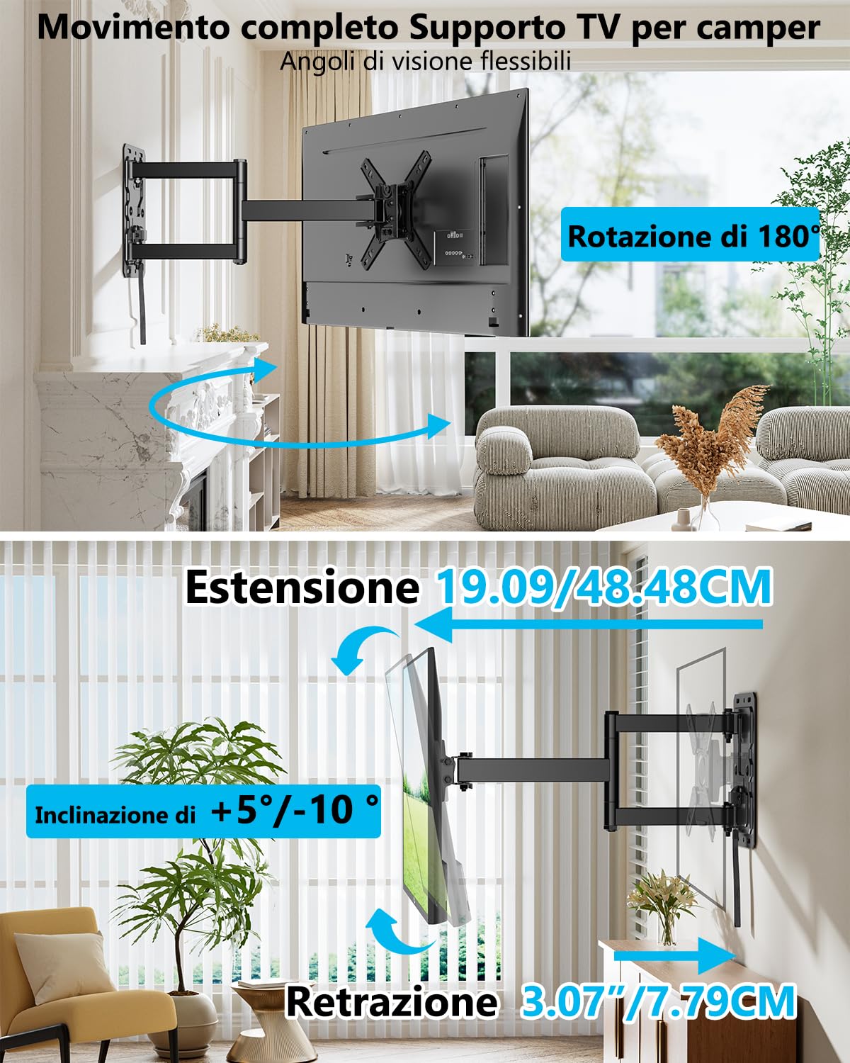 Staffa da parete per TV con serratura per campeggio, rotazione di 180°, girevole a 180°, supporto da parete per camper e monitor da 13-43 pollici e TV fino a 25 kg, staffa VESA 200 x 200 mm