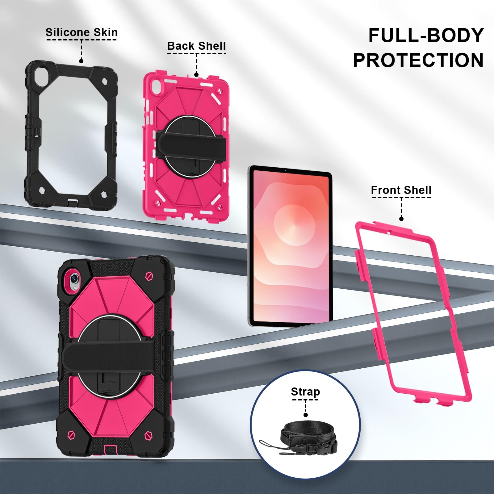 Compatible avec Samsung Galaxy Tab S11 5G 11 Pouces modèle 2025 (SM-X730/X736B), Coque Multifonction résistante aux Chocs Support Rotatif, béquille, dragonne et bandoulière(Rose Red)