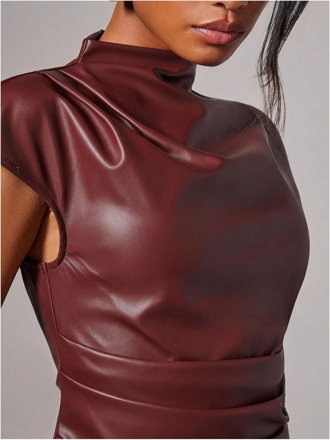 Milumia Women's Sexy PU Mock Neck Leather Dress Ruched Bodycon Club Party Short Dresses - Image 5