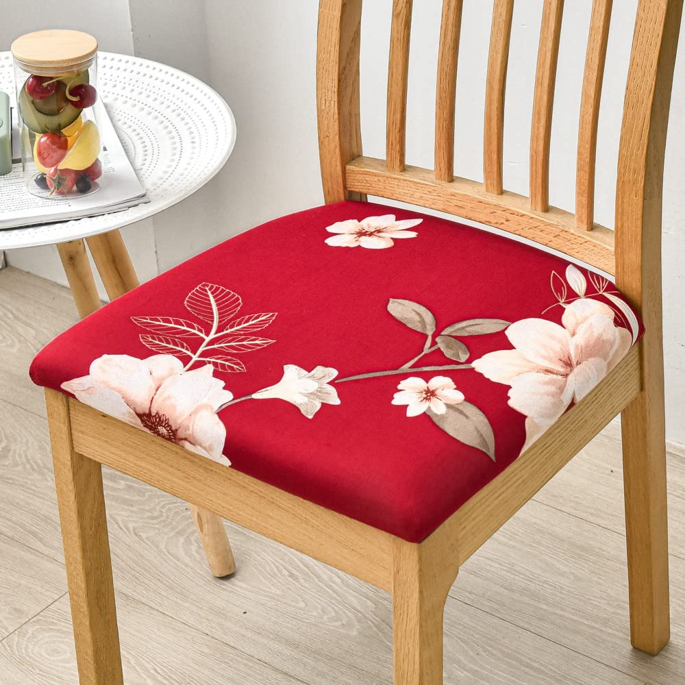Highdi Dining Chair Seat Covers set of 1/2/4/6, Stretch Spandex Seat Cushion Slipcovers, Removable Washable Seat Protector Cover for Dining Room Living Room Office Hotel (1 pc,Fragrant flower red)