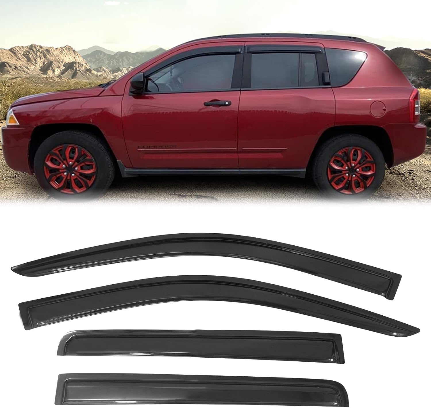 FREEMOTOR802 Tape-on Window Deflectors Fits 2007-2017 Jeep Compass, Rain Guards Side Window Visors Wind Deflectors Vent Visors Slim Style Smoke Tinted Acrylic 4 Pieces