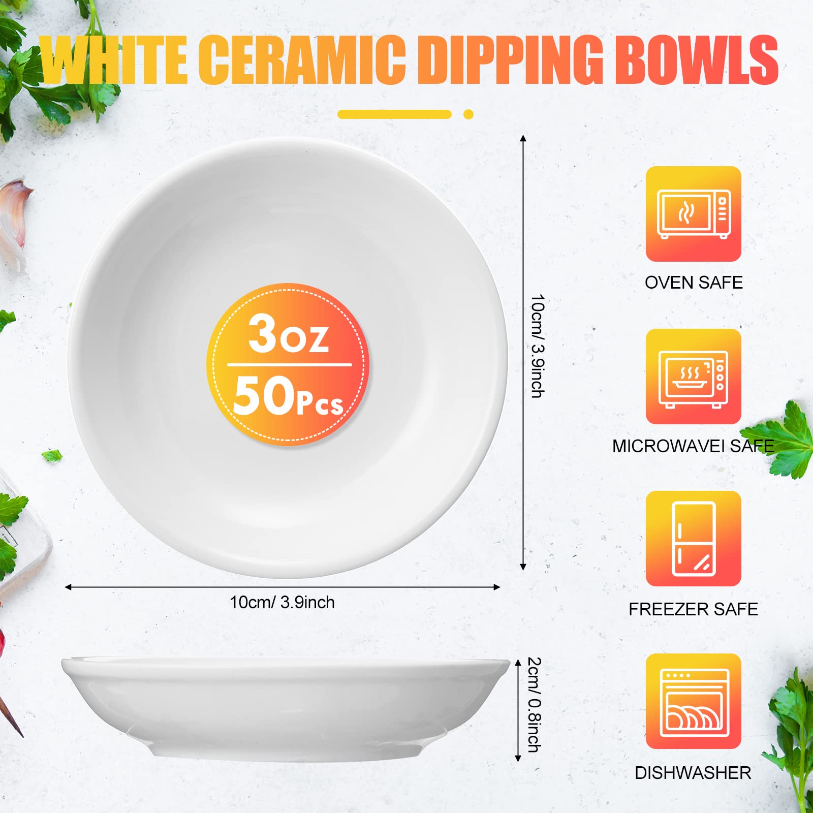 50 Pcs White Ceramic Dipping Bowls 3 oz Round Soy Sauce Dish and Bowls Small Porcelain Dipping Sauce Bowls Set for Ketchup Sushi Soy Sauce BBQ Sauce Serving Bowl Set and Party Dinner Supplies