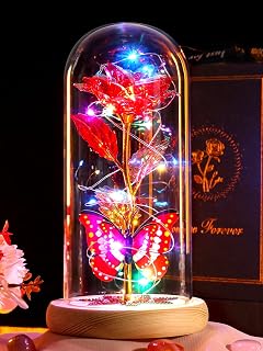 Christmas Rose Gifts for Women Mom Birthday Gifts, Galaxy Glass Rose Forever Preserved Flowers for Delivery Prime Light Up Rose in Glass Dome with Butterfly Xmas Gifts for Grandma Her Wife, Red